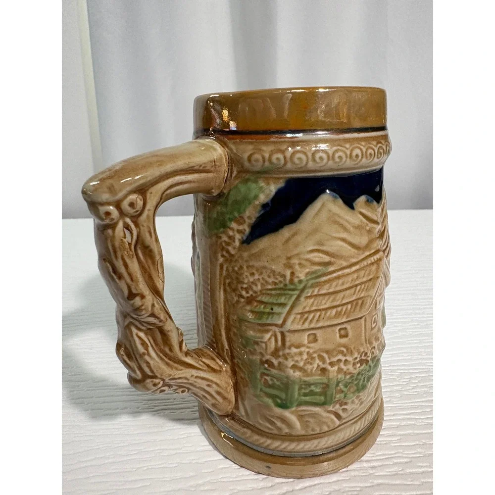 Vintage Ceramic Beer Stein Made in Japan Alpine Cabin Relief Scene Mug S0035